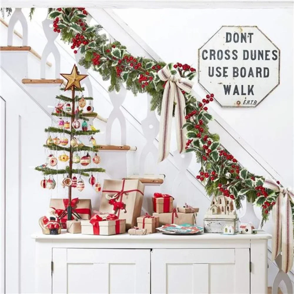 6Ft Red Berry Christmas Garland with Green Leaves, Flexible Artificial